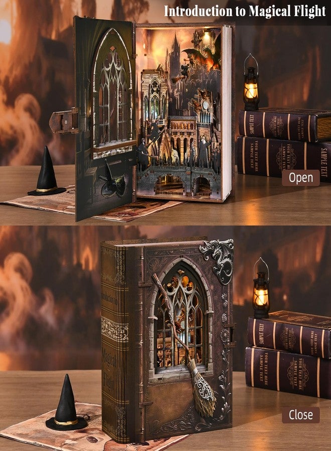 CCCDF Book Nook Kit, DIY Miniature Dollhouse Magic Book for Adults and Teens, 3D Wooden Puzzle Bookends with Sensor Led Light, Gifts for Family, Friends (Introduction to Magical Flight) - Image 5